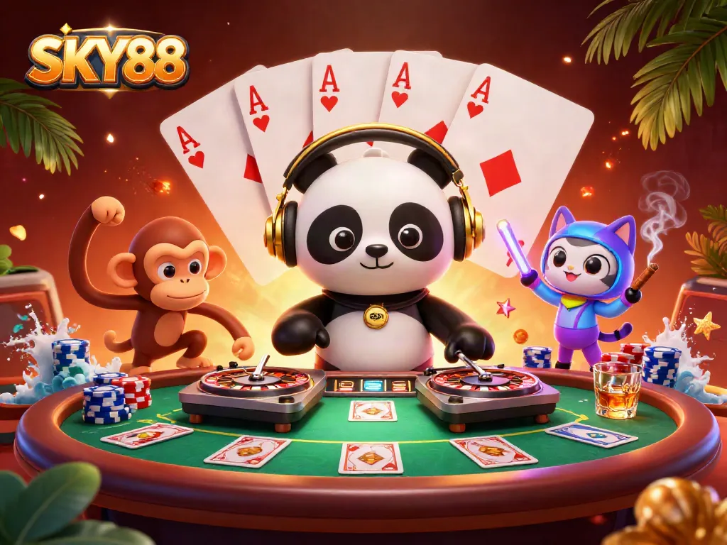 Experience thrilling gaming at SKY88 with characters celebrating in a vibrant casino scene full of action.