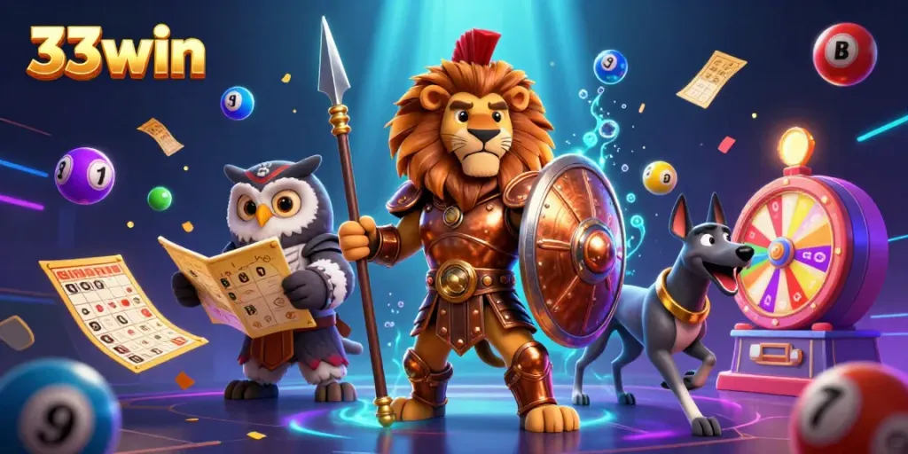 33win ignites excitement with dynamic lottery balls and iconic characters in a vibrant casino scene.