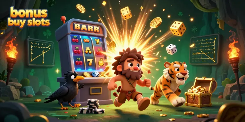 Experience the excitement of bonus buy slots with lively cartoon characters in a vibrant casino scene.