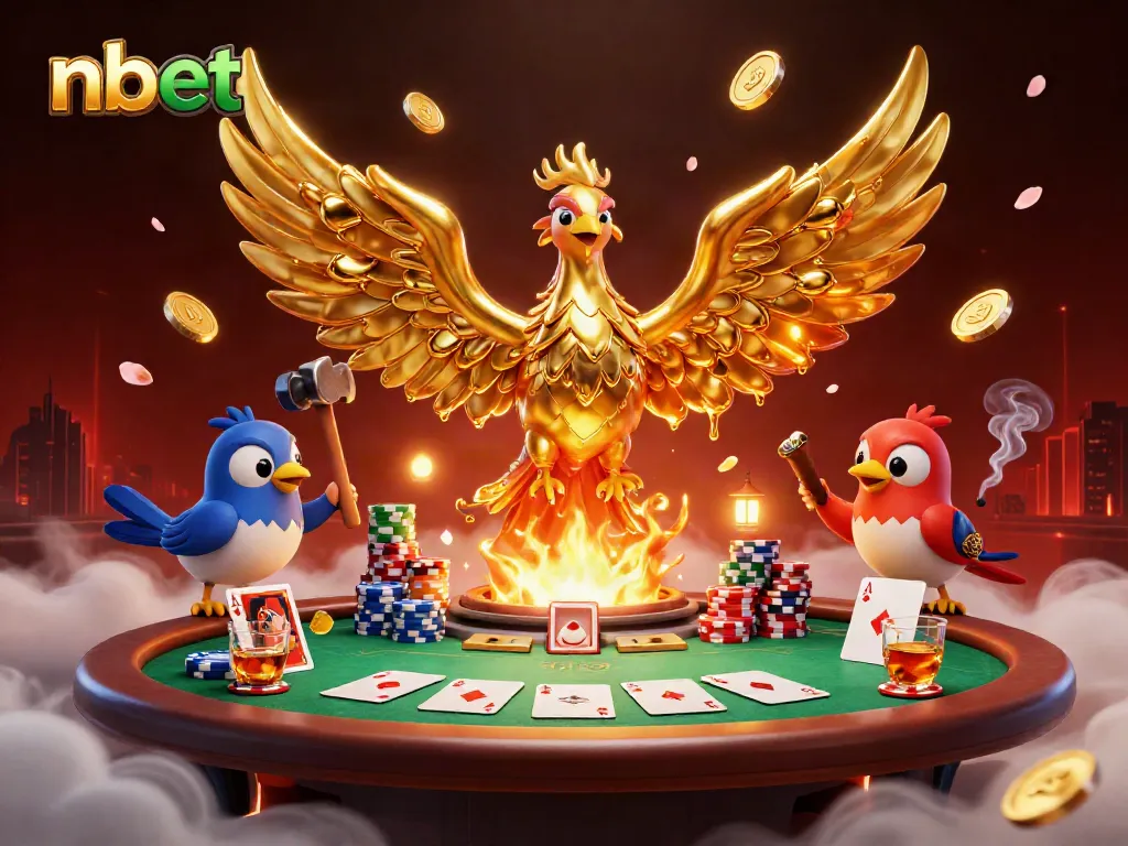 Experience the excitement of nbet gaming with a dynamic 3D scene featuring a golden phoenix surrounded by poker elements.