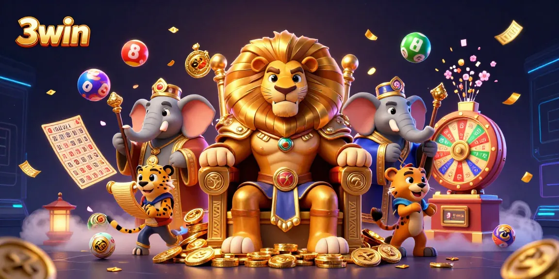 Experience the vibrant world of 3win as the majestic lion king rules over a dynamic casino scene filled with lottery excitement.