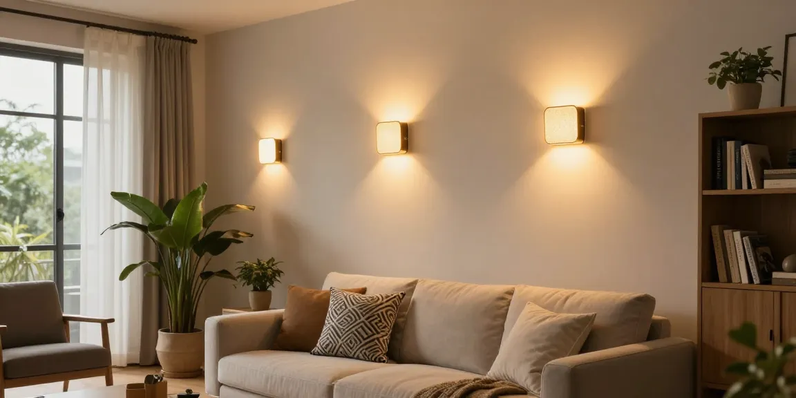Aplica LED moderne instalate pe perete într-un living confortabil, iluminat cald și primitor.
