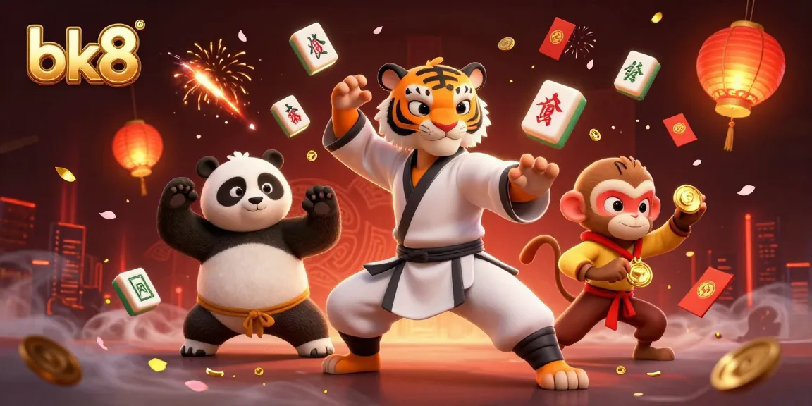 Immerse in bk8's vibrant gaming world with a cartoon kung fu tiger, panda, and monkey in a lively casino scene.