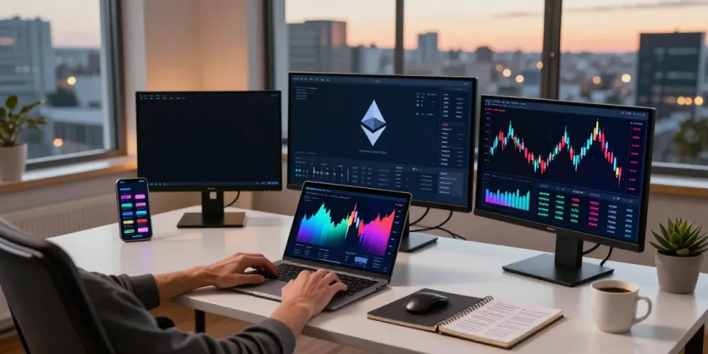 Read more about crypto trading in a professional workspace featuring digital wallets, Ethereum charts, and DeFi analytics.