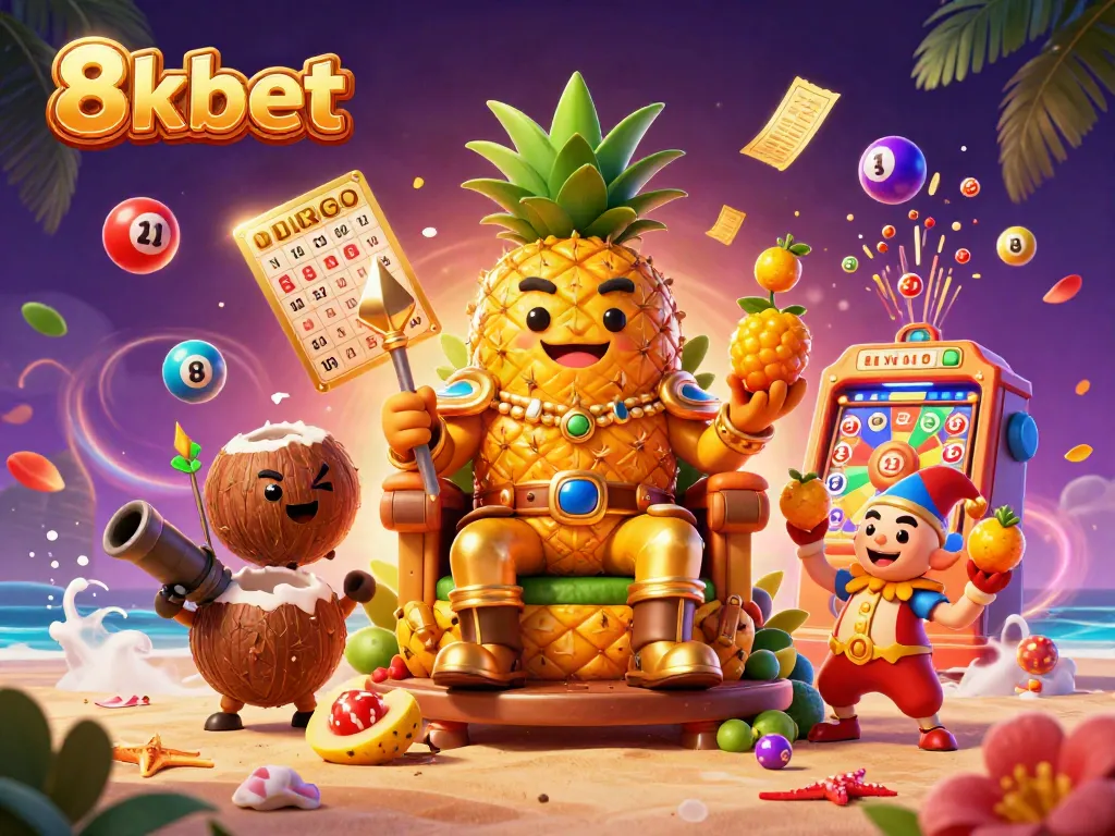 Engage with 8xbet's exciting gaming world featuring a golden pineapple king at a beach casino.