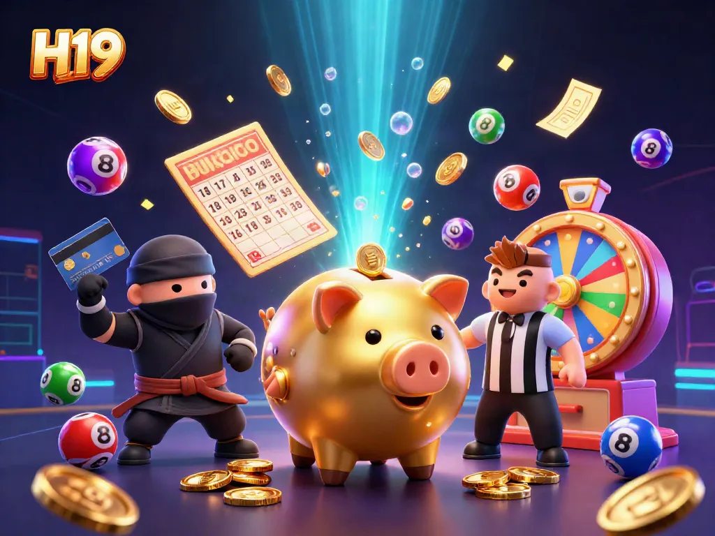 H19 brings excitement as a golden piggy bank sumo wrestler dominates the casino scene with vibrant lottery elements.