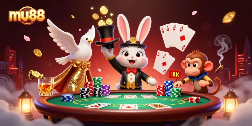 Experience the thrill of mu88 with a captivating 3D illustration featuring a magician rabbit and poker elements.