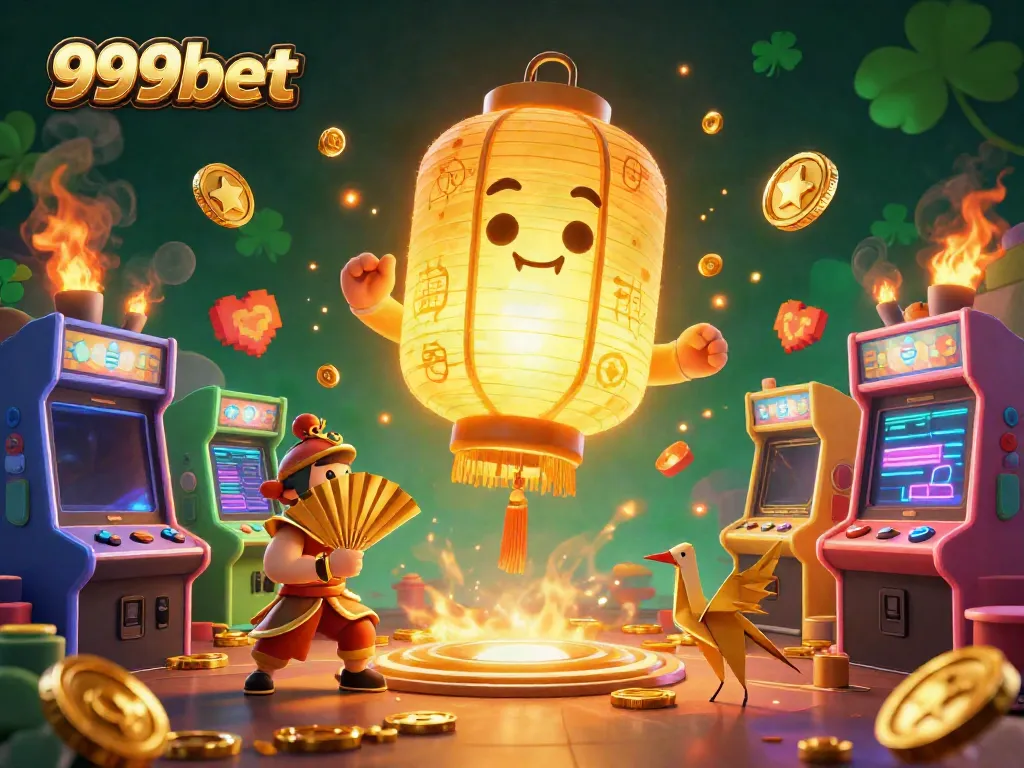 Engage with 999bet’s vibrant casino experience featuring a golden lantern spirit and arcade game elements.