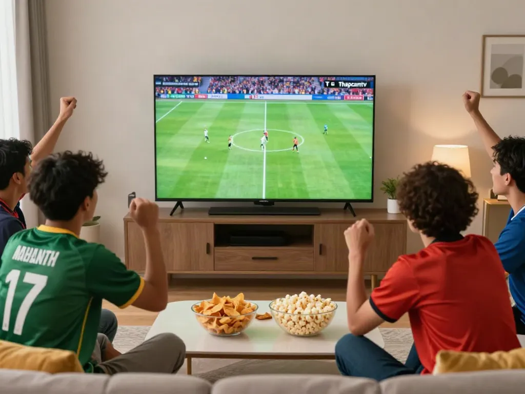 Friends watching Thapcamtv live football match, cheering with snacks.