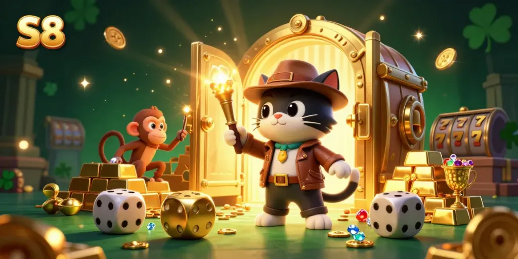 Discover thrilling slots at S8 casino with a cartoon explorer and treasure artifacts amidst dazzling gems.