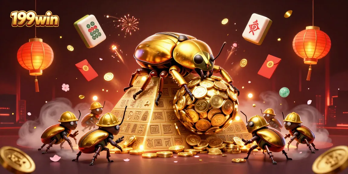 Experience the thrill of 199win with a dynamic illustration of golden beetles and casino symbols.