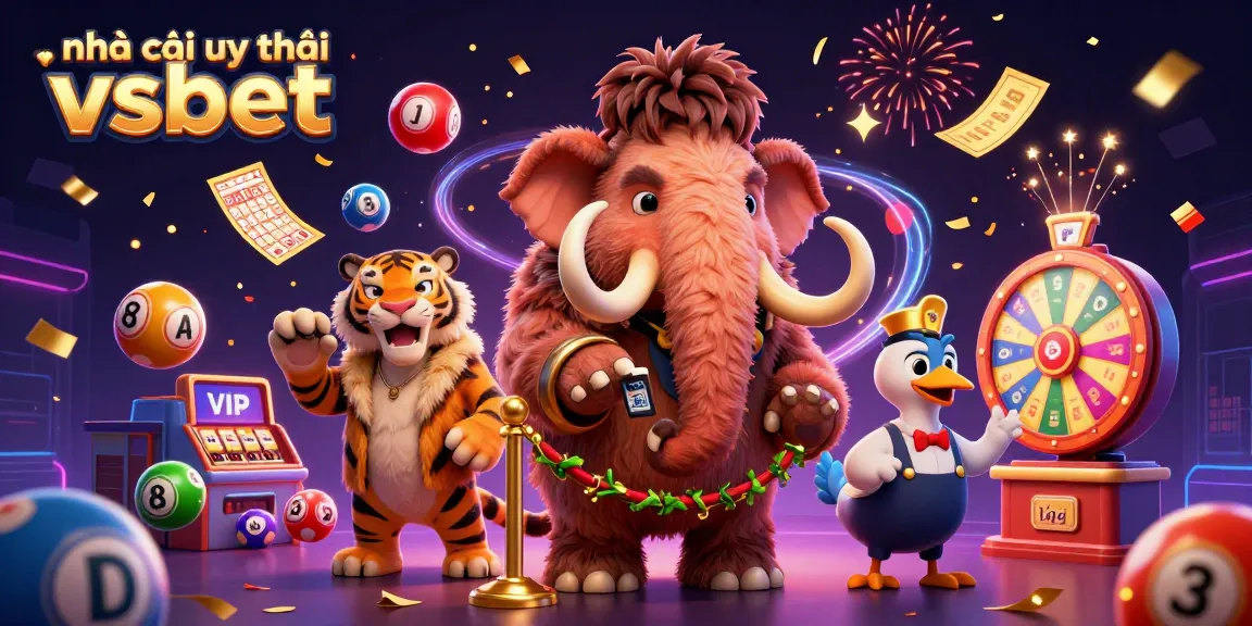 Engaging scene showcasing nhà cái uy tín vsbet with cartoon characters in a vibrant casino setting filled with lottery elements.