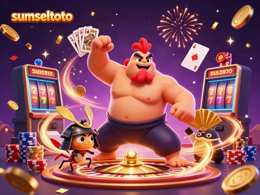 Experience thrilling gaming action with sumseltoto in this vibrant 3D casino scene featuring lively characters.