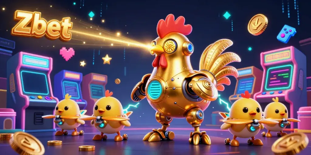 Experience thrilling gaming with Zbet's vibrant casino scene, featuring a futuristic rooster robot and interactive arcade elements.