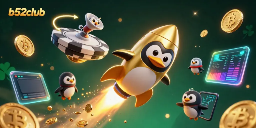 Engage in thrilling gameplay at b52club as a golden penguin launches towards a casino chip.