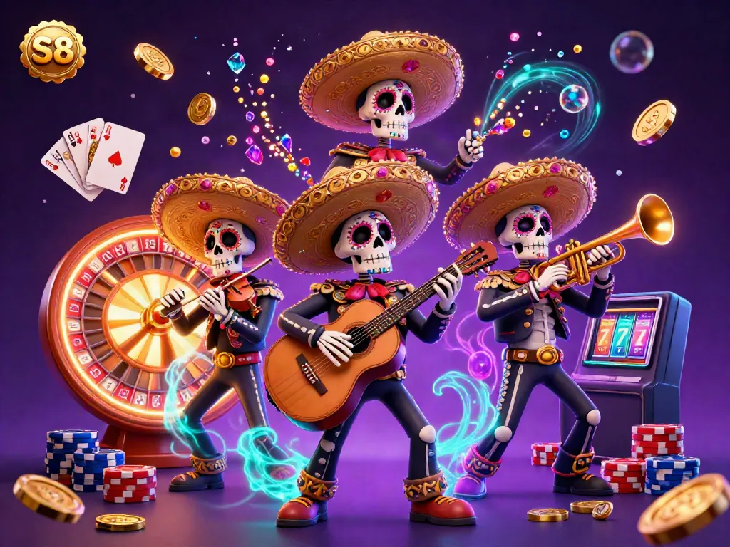 Enjoy S8's vibrant mariachi-themed casino scene filled with golden coins, roulette wheels, and poker cards.