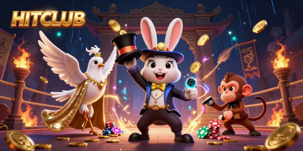 Experience the magic at HITCLUB with golden coins and vibrant characters in an exciting casino setting.