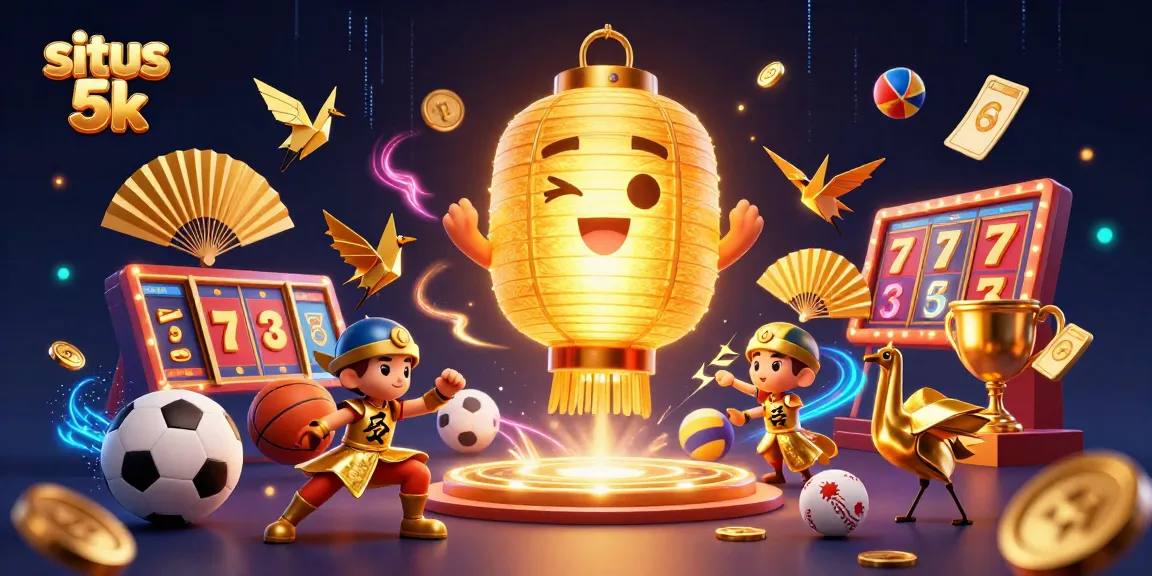 Engage with situs 5k, showcasing a vibrant 3D casino scene filled with slot reels and dynamic sports elements.