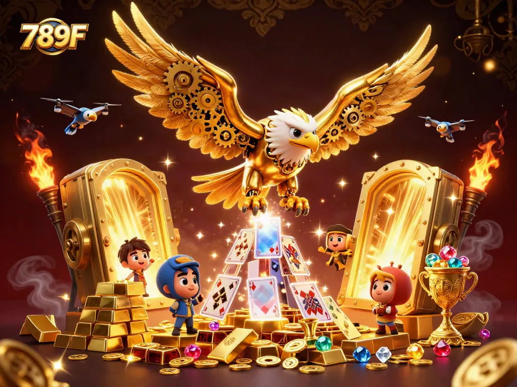 Enter the exhilarating world of 789F casino with a stunning golden eagle soaring through holographic cards.