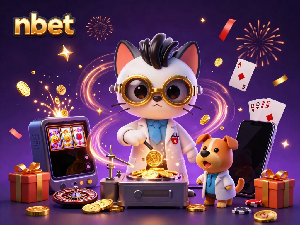 Experience the thrill at nbet with a cartoon mad scientist and loyal dog amidst golden coins and casino elements.