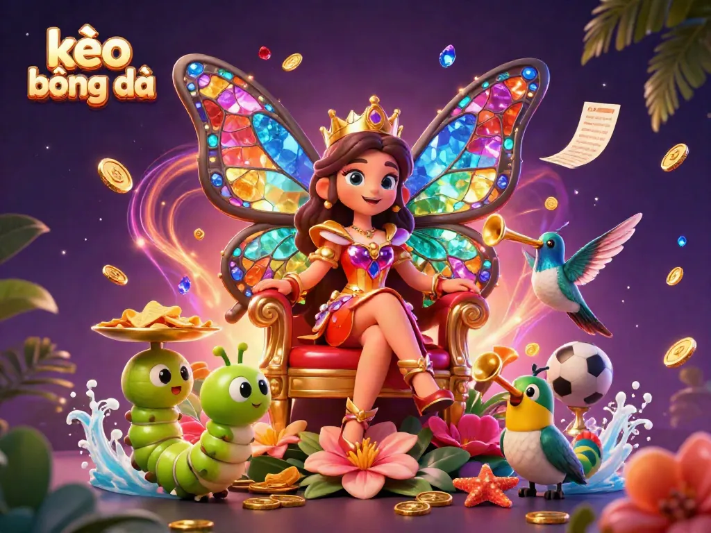 Engage with "kèo bóng đá" in this vivid illustration featuring a sports betting theme with a butterfly queen character.