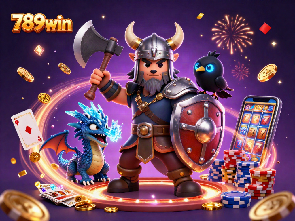 Engage with 789win through 3D casino excitement featuring a Viking warrior and magical elements.