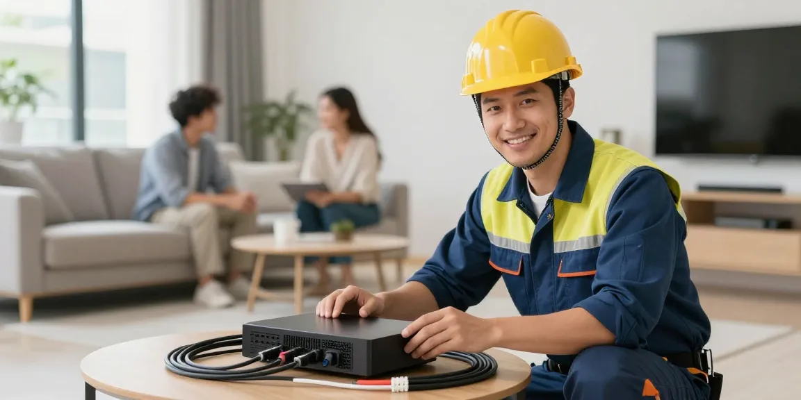 IPTV UK installation by trusted local serviceman in branded uniform, working at nearby home.