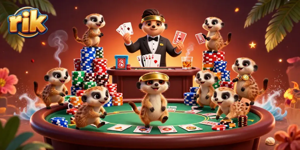 Experience vibrant casino excitement as meerkats play poker at Rik, showcasing colorful chips and dramatic hands.