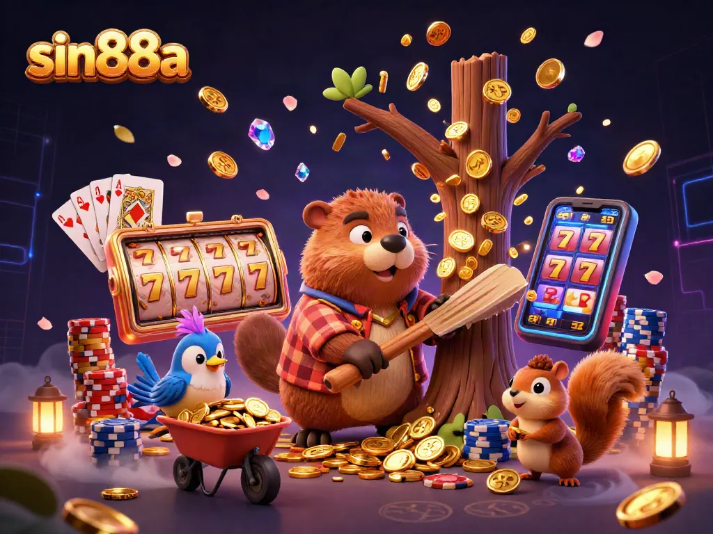 Experience sin88a with a lively scene of a beaver collecting golden coins and spinning slot reels.