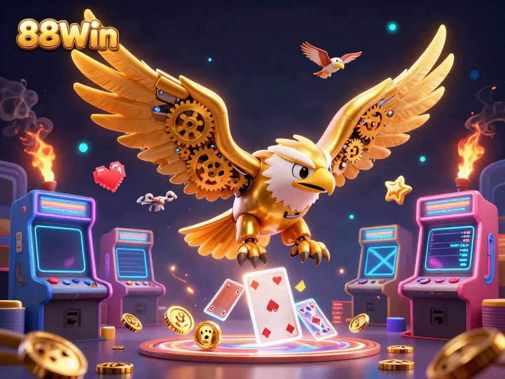 Experience the thrill of 88Win with a dynamic eagle soaring through holographic playing cards.
