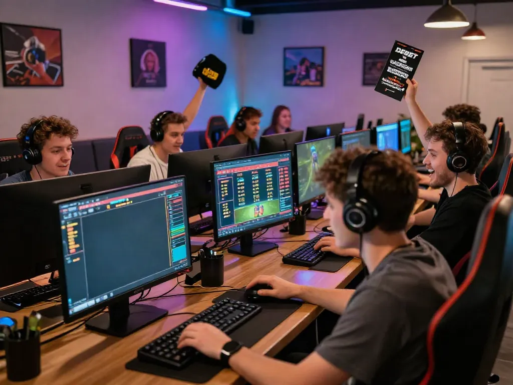 The online gaming lounge at DEBET, showcasing players engaging with sports betting interfaces in an energetic environment.