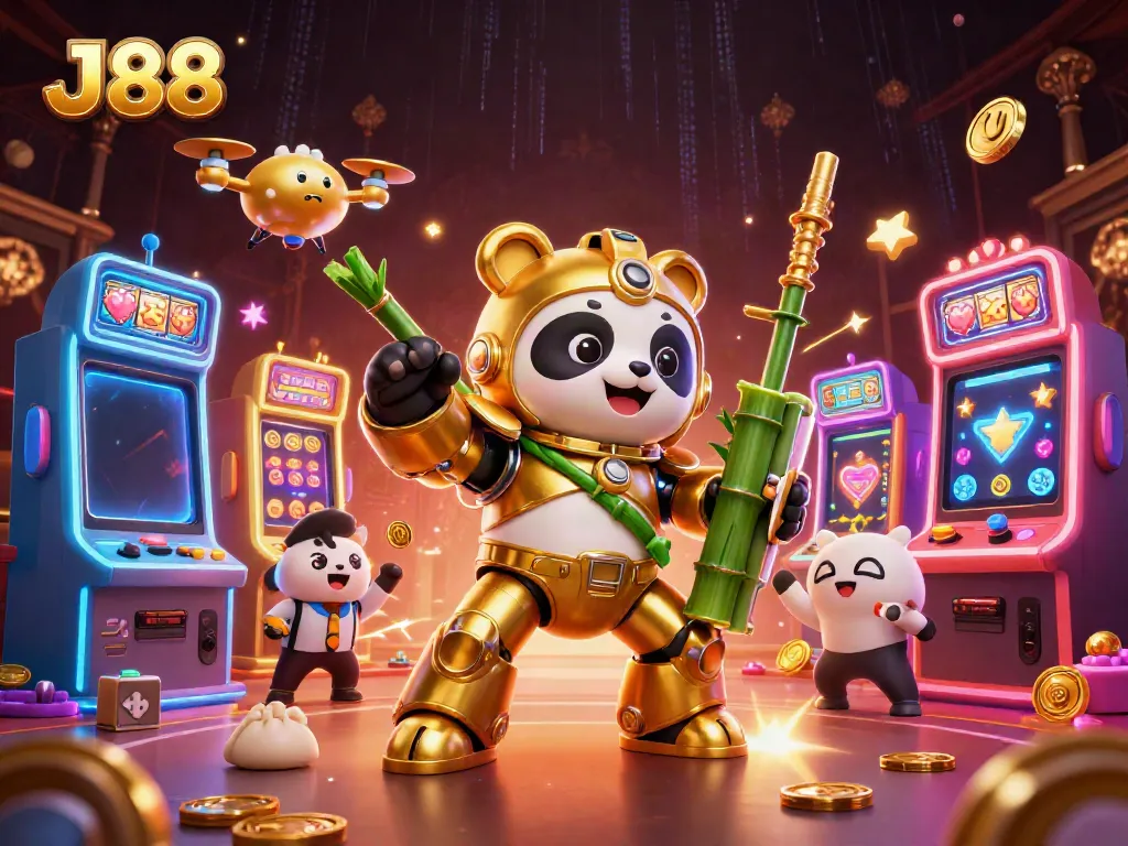Engage with J88's colorful slot machines and charming characters in an animated casino scene.
