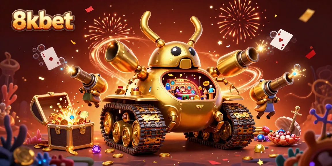 Experience the thrilling ambience of 8xbet with a lively casino scene in a golden beetle tank surrounded by treasures.