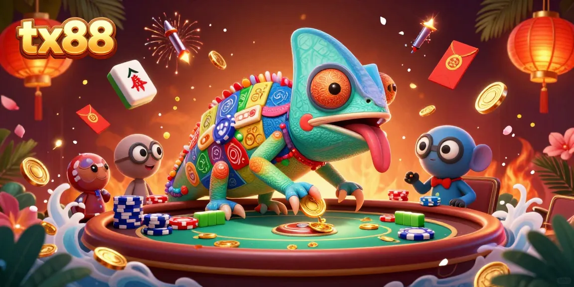 Experience gaming excitement at tx88 with a vibrant chameleon casino owner surrounded by lucky symbols.