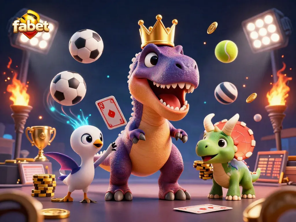 Fabet showcases a friendly T-Rex card shuffle with dynamic sports elements in action.
