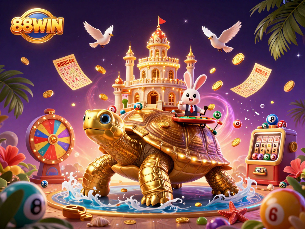Experience thrilling fun at 88WIN with a dynamic casino scene featuring a golden tortoise and rabbit dealer.