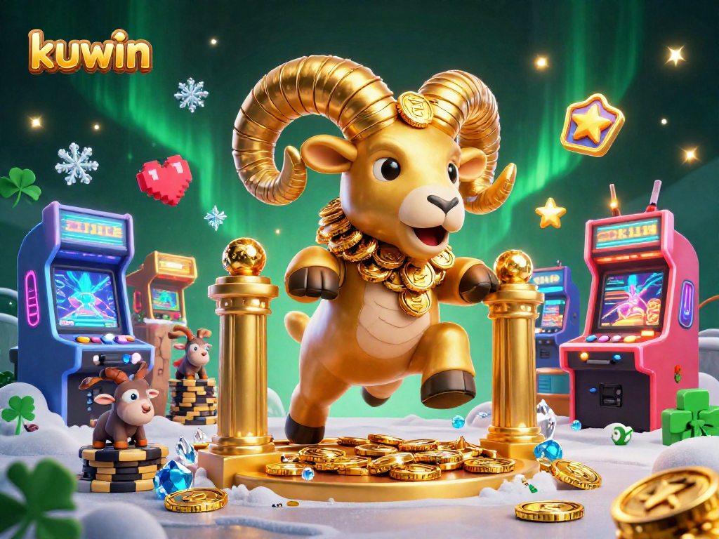 Kuwin's immersive casino experience featuring vibrant 3D illustrations of exciting games and rich rewards.