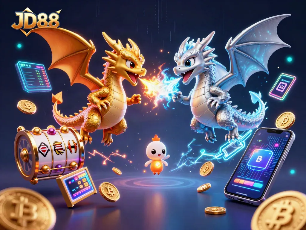 Experience thrilling gameplay with JD88, showcasing dynamic dragons in a vibrant casino scene.