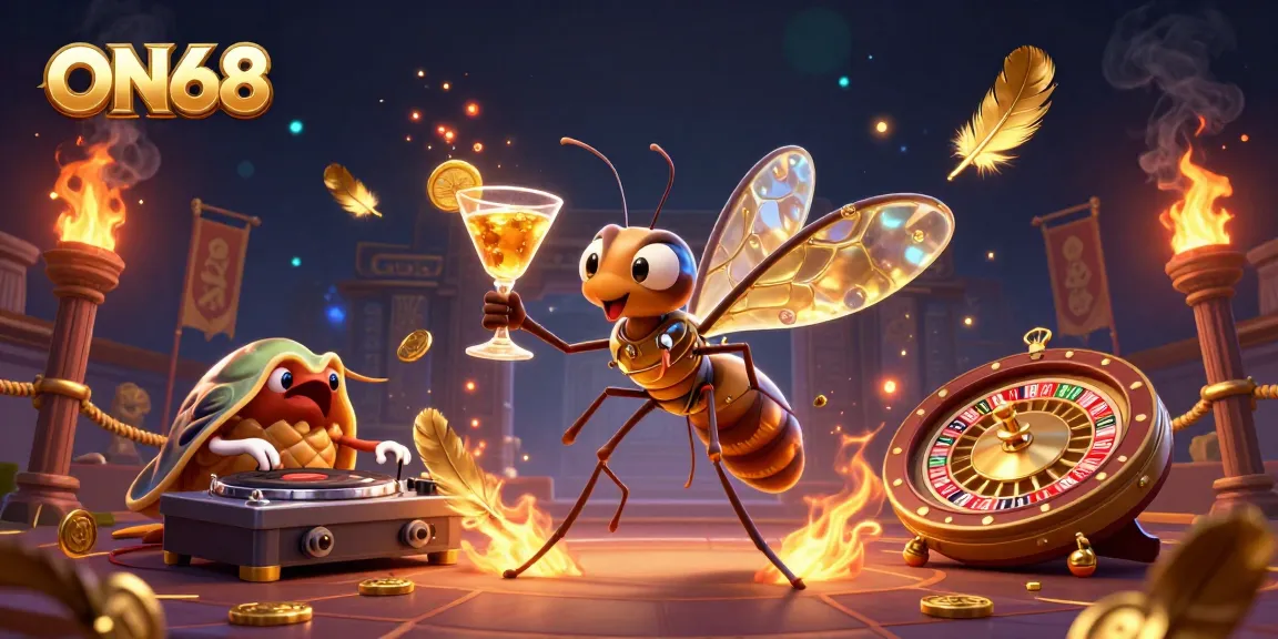 Join the excitement at ON68 with a vibrant casino scene bursting with golden elements and engaging characters.