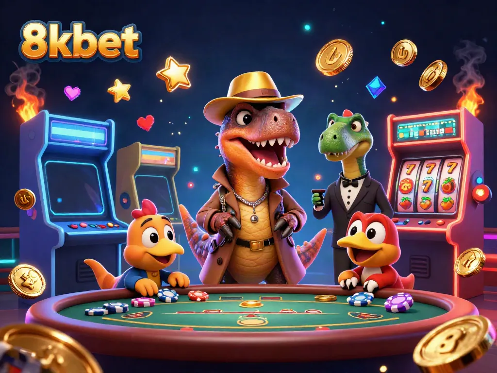 Experience the excitement of 8xbet through a dynamic casino illustration with animated characters and vibrant gaming elements.