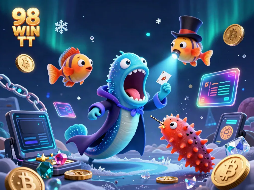 Experience thrilling magic at 98 WIN TT with deep-sea creatures performing vibrant card tricks.