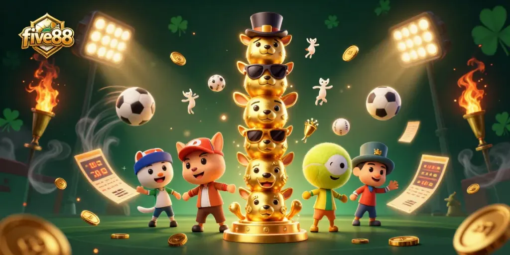 Experience excitement at five88 with a vibrant casino scene filled with sports action and golden trophies.