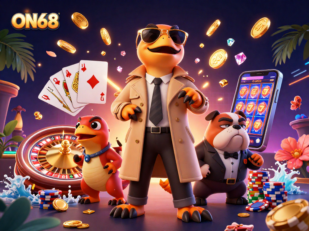 Engage in ON68's thrilling VIP casino with unique characters under vibrant visuals.