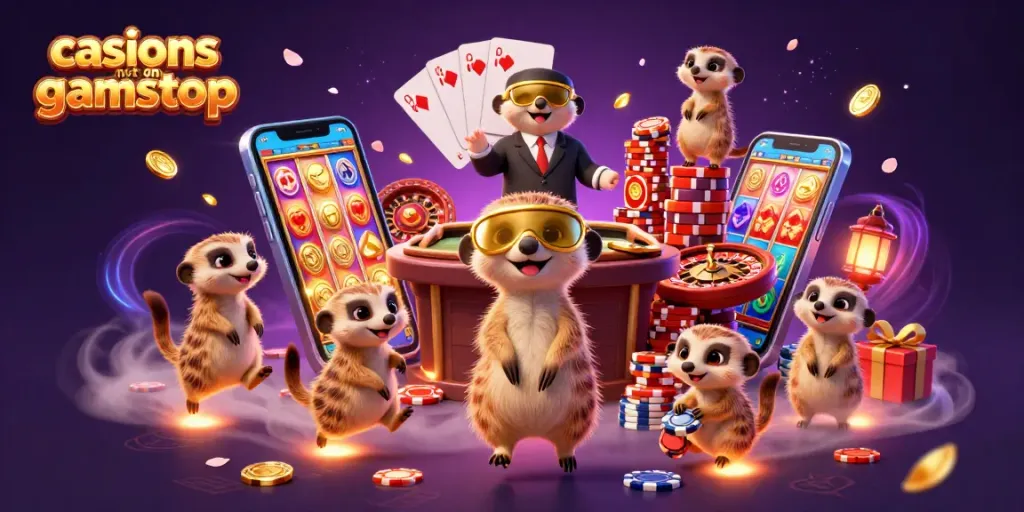 Experience the excitement of casinos not on gamstop with lively meerkat characters managing a vibrant casino scene.