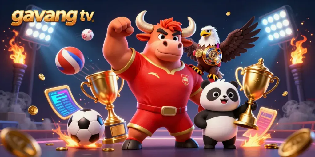 Experience the thrill of betting with Gavang TV's energetic 3D gaming scene featuring a bull, eagle, and panda.