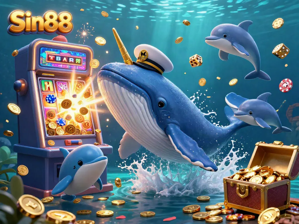 Experience Sin88 with thrilling whale and narwhal characters surrounded by casino and jackpot elements in a dynamic underwater scene.