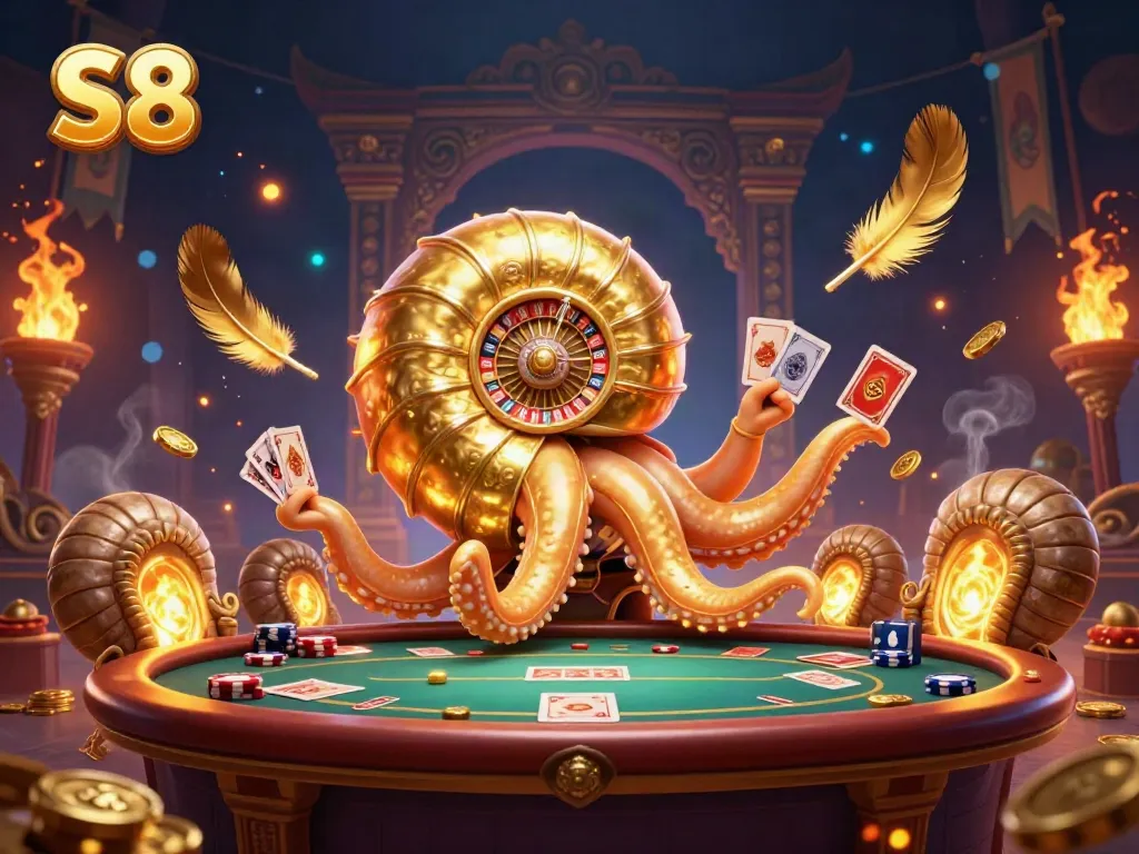 Engage with the S8 roulette features highlighted by a 3D nautilus displaying cards and chips.