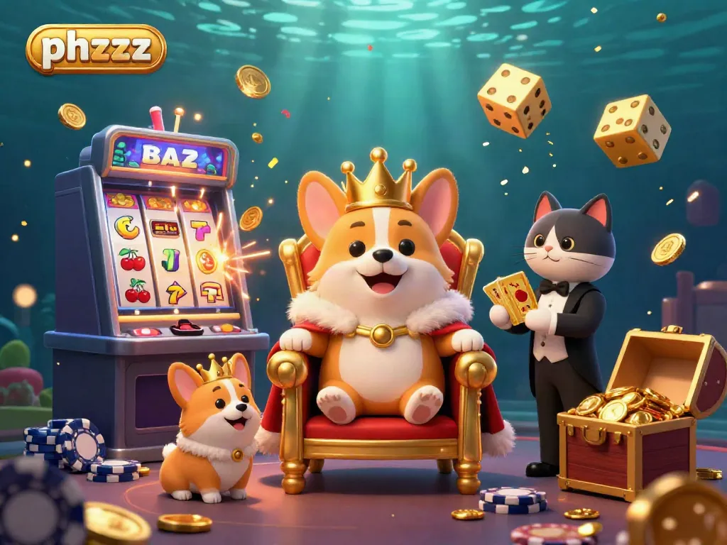 Experience the phzzz gaming adventure with vibrant slot machine jackpots and royal corgis in a dynamic casino setting.