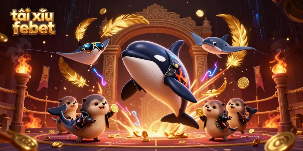 Experience the thrill of tài xỉu febet with vibrant characters celebrating wins in a dynamic casino scene.
