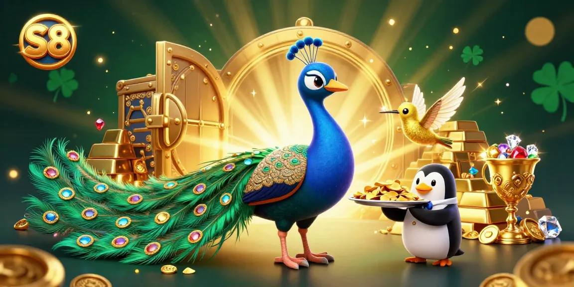 Engage with S8's vibrant casino world featuring an aristocratic peacock and dazzling treasures.